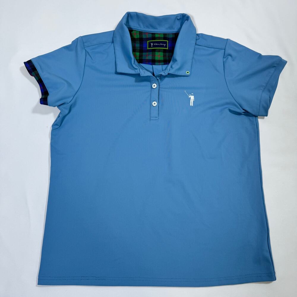 WILLIAM MURRAY GOLF WOMENS LARGE BLUE POLO GREEN PLAID SHORT SLEEVE